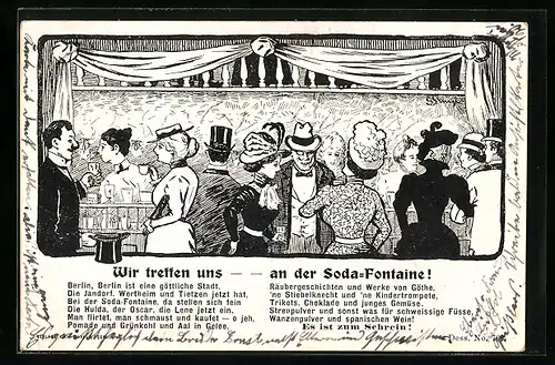 Künstler-AK Berlin, Berliner an der Soda-Fontaine, Gedicht