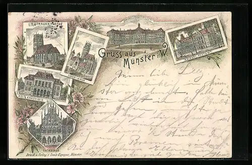 Lithographie Münster i. W., Schloss, Postamt, Kgl. Akademie