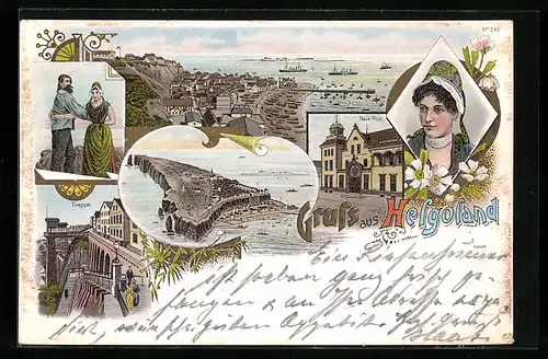 Lithographie Helgoland, Treppe und Fahrstuhl zum Unterland, Neue Post