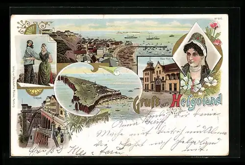 Lithographie Helgoland, Treppe, Steilufer, Helgoländer Paar, Gesamtansicht, Gesamtansicht