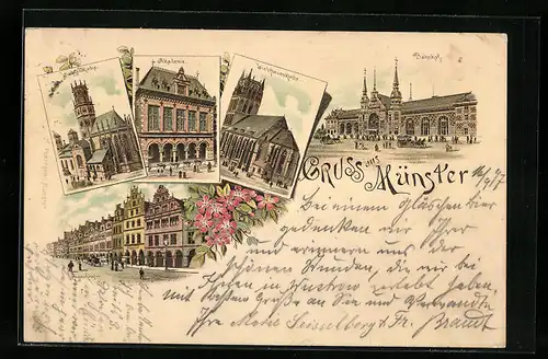 Lithographie Münster i. W., Bahnhof, Akademie, Bogenhäuser