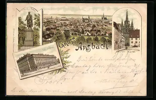Lithographie Ansbach, Oberer Markt, Schloss, Teilansicht