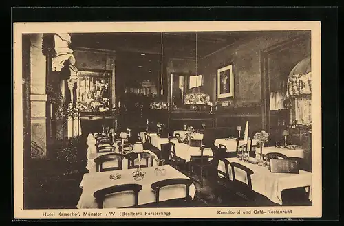 AK Münster i. W., Hotel Kaiserhof Försterling, Konditorei und Cafe-Restaurant, Innenansicht