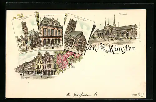 Lithographie Münster i. W., Bahnhof, Ludgerikirche, Bogenhäuser