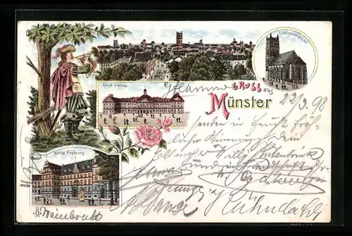 Lithographie Münster, Königl. Regierung, Königl. Schloss, Liebfrauen Kirche