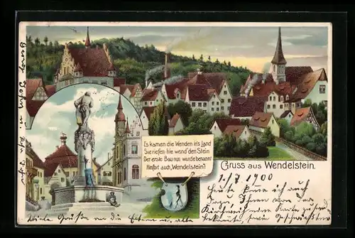 Lithographie Wendelstein, Partie am Brunnen, Erklärung der Stadtgründung