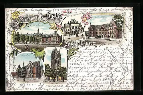 Lithographie Münster i. W., Kgl. Regierung, Schloss, Akademie, Kaiserl. Post