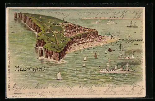 Lithographie Helgoland, Totalansicht mit Hafen