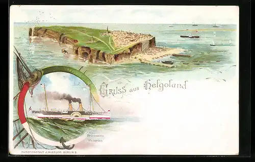 Lithographie Helgoland, Totalansicht, Dampfer Cobra