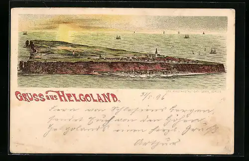 Lithographie Helgoland, Die Insel im Schein der untergehenden Sonne