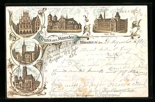 Lithographie Münster i. W., Rathhaus, Kgl. Post, Lambertikirche
