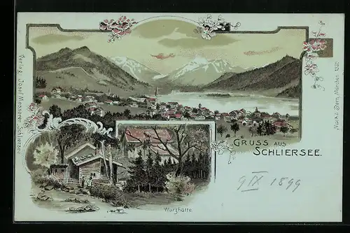 Lithographie Schliersee, Wurzhütte, Gesamtansicht mit See und Bergen
