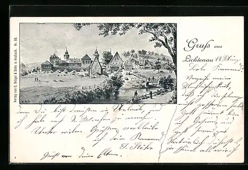 Künstler-AK Lichtenau, Ortsansicht mit Brücke