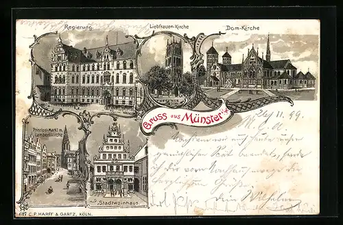 Lithographie Münster, Stadtweinhaus, Regierung, Liebfrauenkirche, Dom-Kirche, Prinzipalmarkt m. Lambertikirche