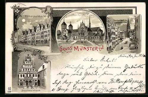 Mondschein-Lithographie Münster i. W., Prinzipalmarkt, Stadtweinhaus