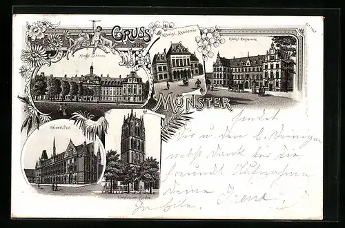 Lithographie Münster i. W., Akademie, Regierung, Schloss