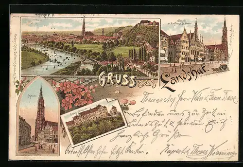 Lithographie Landshut, Gesamtansicht, Altstadt m. Rathaus St. Martin & Schloss Traugnitz