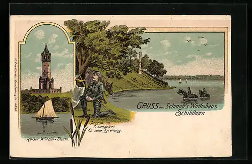 Mondschein-Lithographie Berlin-Grunewald, Schildhorn, Jaczow im Dankgebet, Kaiser-Wilhem-Turm