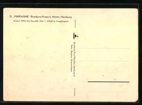AK Handelsschiff Marianne der Reederei Franz L. Nimtz aus Hamburg