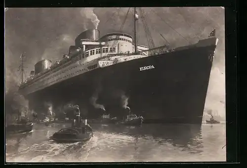 Künstler-AK Bugansicht des Passagierschiffes Europa des Nordd. Lloyds mit Beibooten