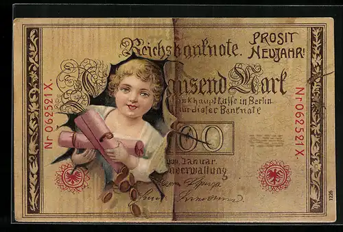 AK Mädchen mit Geldmünzen schaut durch Reichsbanknote Ein Tausend Mark