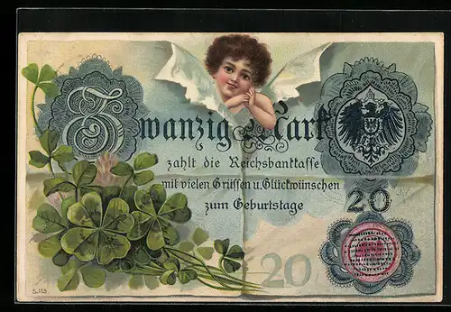 AK 20 Mark Banknote geschmückt mit Kleeblättern, Geburtstagsgruss