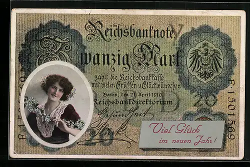 AK Frauenportrait auf einem Geldschein, Neujahrsgruss