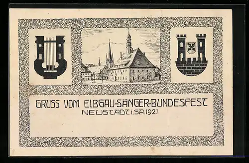 AK Neustadt, Elbgau-Sänger-Bundesfest 1921, Ortsansicht mit Harfe