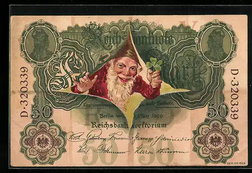 Künstler-AK Zwerg mit Glückskleeblatt entspringt einer Reichsbanknote, Geburtstagsgruss