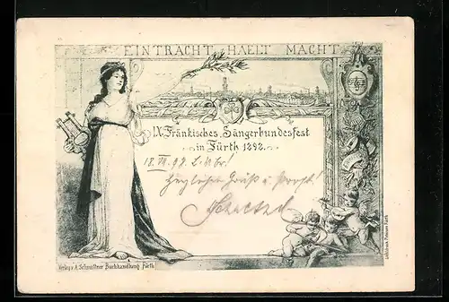 Künstler-AK Fürth, IX. Fränkisches Sängerbundesfest 1898, Teilansicht, Frau mit Leier