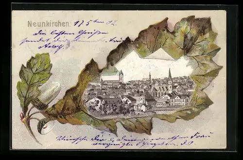 Passepartout-Lithographie Neunkirchen, Ortsansicht im Eichenblatt