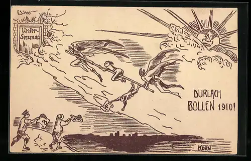 Künstler-AK Karlsruhe, Durlach Bollen 1910, Untersecunda, Flug mit Absprung