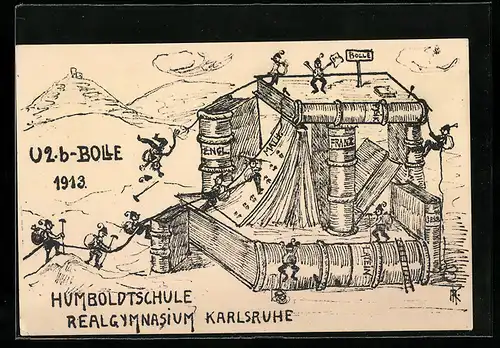 Künstler-AK Karlsruhe, Humboldtschule / Realgymnasium, U2-b-Bolle 1913, Kletterer am Bücher-Berg