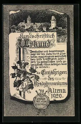 Künstler-AK Altena, Einjähriges des Realgymnasiums 1920, Urkunde mit Siegel und Ortsansicht