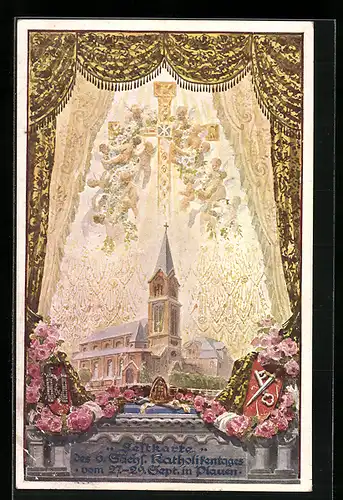 Künstler-AK Plauen, 6. Sächsischer Katholikentag, Kirche, Kreuz mit Engeln, Wappen