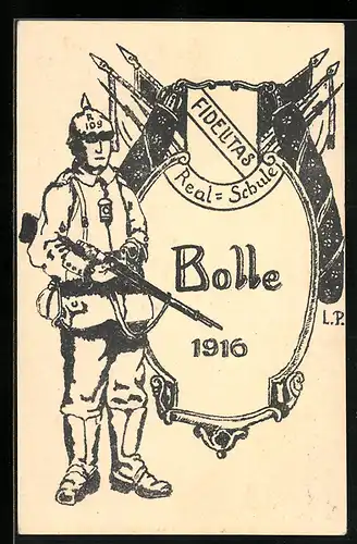 Künstler-AK Karlsruhe, Realschule, Bolle 1916, Fidelitas-Wappen, Soldat mit Gewehr