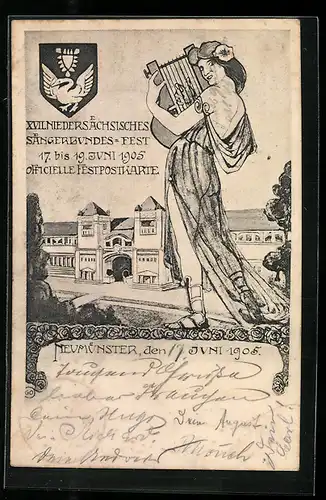 Künstler-AK Neumünster, XVII. Niedersächsisches Sängerbundesfest 1905, Festpostkarte