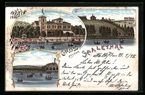 Lithographie Halle / Saale, Gasthaus zum Saaleschlösschen