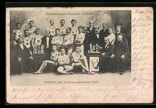AK Karlsruhe, Gruppenbild des Schwimmvereins Poseidon, Vorstand und Mannschaft 1902