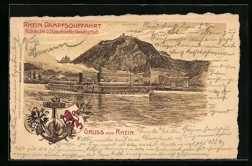 Lithographie Dampfer Borussia der Rhein-Dampfschiffahrt Kölnische und Düsseldorfer Gesellschaft am Drachenfels
