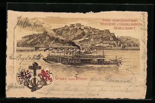 Lithographie Dampfer Rheingold d. Rhein-Dampfschiffahrt Kölnische und Düsseldorfer Gesellschaft passiert Ehrenbreitstein