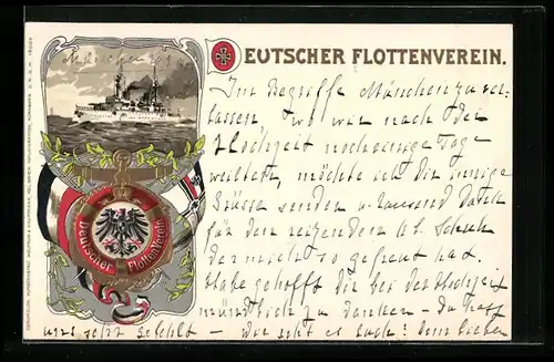 Präge-AK Kriegsschiff, Wappen Deutscher Flottenverein, Reichskriegsflagge
