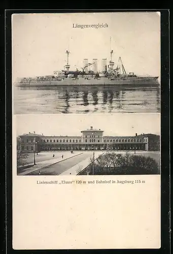 AK Linienschiff SMS Elsass und Bahnhof in Augsburg, Längenvergleich
