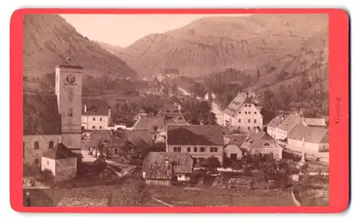 Fotografie Fr. Mark, Scheibbs, Ansicht Gaming, Blick in den Ort mit Kirche und Gasthaus