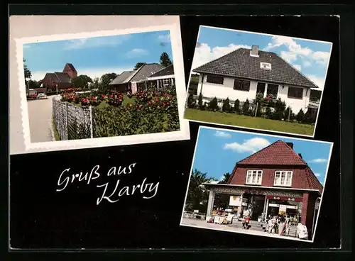 AK Karby, Geschäft, Strassenpartie mit Kirche, Wohnhaus