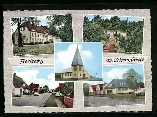 AK Fleckeby über Eckernförde, Landschulheim, Schloss Louisenlund, Kirche
