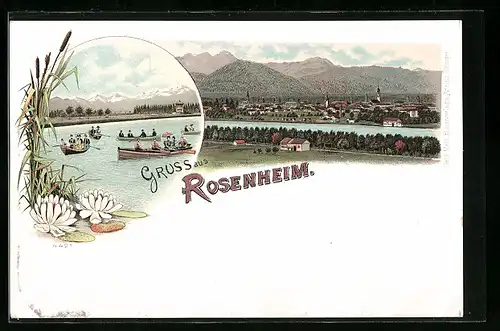 Lithographie Rosenheim, Gruss mit Ortsansicht und Ausflüglern auf dem See