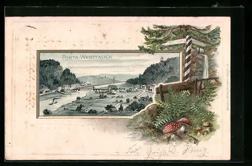 Passepartout-Lithographie Porta Westfalica, Panorama mit Denkmal