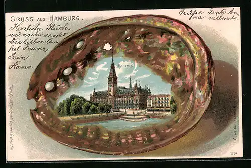 Passepartout-Lithographie Hamburg, Blick auf Rathaus in der Muschel