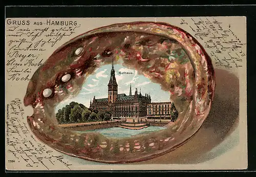 Passepartout-Lithographie Hamburg, Rathaus in der Muschel